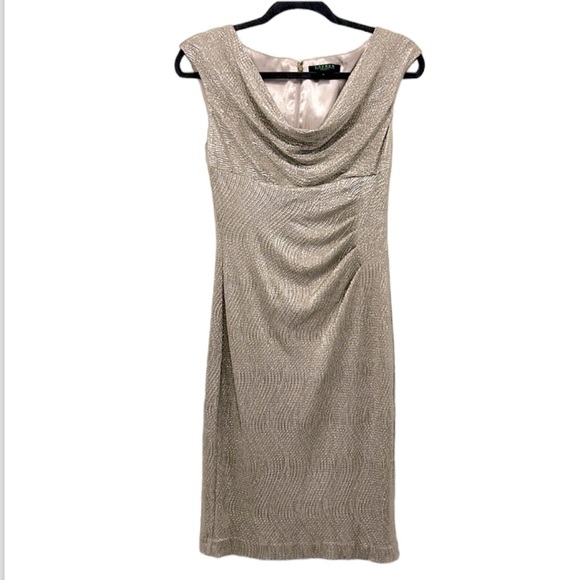 Ralph Lauren Women's Glitter Long Sleeve Jewel Neck Knee Length Sheath Cocktail Dress Black Size 18
